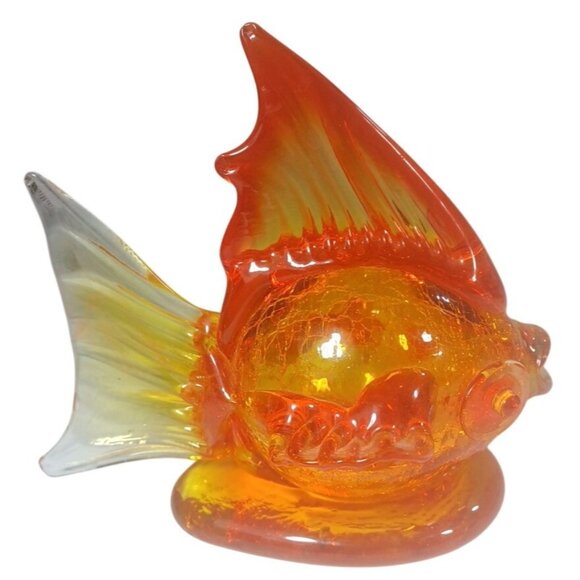Demekin Lantern Blown Orange Crackle Glass Figurine Hollow Koi Gold Fish Vintage - Picture 1 of 12